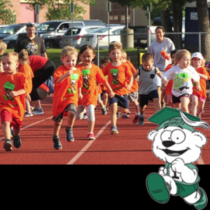 Kids wearing their new Fitness University T-shirts running at the Nashua High School South track